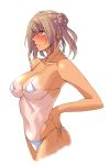  1girl areola_slip areolae bare_shoulders bikini blush breasts brown_eyes collarbone double_bun highres kantai_collection medium_breasts medium_hair michishio_(kantai_collection) micro_bikini navel older solo sozan swimsuit tan tanline 