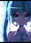  1girl absurdres aosaki_yato aqua_eyes aqua_hair aqua_neckwear backlighting bare_shoulders collarbone commentary crying crying_with_eyes_open detached_sleeves digital_dissolve english_commentary hatsune_miku headphones headset highres long_hair looking_down necktie portrait shirt solo tears twintails vocaloid white_background white_shirt 