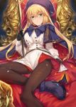  1girl artoria_pendragon_(all) artoria_pendragon_(caster) bangs black_gloves blonde_hair blush breasts capelet dress eyebrows_visible_through_hair fate/grand_order fate_(series) gloves green_eyes hair_between_eyes hat highres holding holding_staff long_hair long_sleeves looking_at_viewer ohland pantyhose smile solo staff twintails 