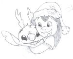  2012 alien black_and_white christmas clothing disney duo experiment_(lilo_and_stitch) eyebrows female hair hat headgear headwear holidays human lilo_and_stitch lilo_pelekai long_ears luckiestblackcat mammal monochrome notched_ear open_mouth open_smile santa_hat sketch smile stitch_(lilo_and_stitch) tongue 