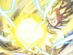  1boy blonde_hair commentary_request dragon_ball dragon_ball_z electricity energy_ball final_flash gloves grin highres incoming_attack male_focus mattari_illust smile solo spiked_hair super_saiyan super_saiyan_1 vegeta white_gloves 