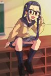  1girl black_hair black_legwear blush brown_eyes collarbone glasses indoors ki_(adotadot) long_hair looking_at_viewer miniskirt oogaki_chiaki open_mouth panties pantyshot pink_panties school_uniform shiny shiny_hair sitting skirt smile socks solo twintails underwear yurucamp 