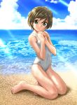  1girl beach blue_sky breasts brown_hair cloud commentary_request day green_eyes hands_clasped highres kneeling looking_at_viewer nib_pen_(medium) ocean one-piece_swimsuit original outdoors own_hands_together short_hair sky small_breasts solo swimsuit traditional_media unno_hotaru white_swimsuit 