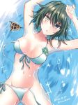  1girl bikini commentary_request cowboy_shot dated eyepatch eyepatch_removed front-tie_top green_eyes green_hair heterochromia kabocha_torute kantai_collection kiso_(kantai_collection) looking_at_viewer partially_submerged short_hair side-tie_bikini single_pauldron solo swimsuit twitter_username untied water white_bikini yellow_eyes 