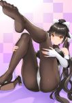  1girl ass azur_lane bangs bare_shoulders black_footwear black_hair black_leotard blush bow breasts checkered checkered_background closed_mouth commentary elbow_gloves feet fingerless_gloves footwear_removed gloves hair_flaps high_heels large_breasts leaning_back leg_up legs leotard long_hair looking_at_viewer mokyumokyuchan pantyhose ponytail purple_background race_queen shoes_removed smile takao_(azur_lane) takao_(full_throttle_charmer)_(azur_lane) two-tone_leotard white_bow white_gloves white_leotard yellow_eyes 