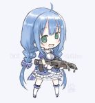  1girl :d ahoge bangs blue_bow blue_dress blue_footwear blue_hair blush bow braid capriccio character_name commentary_request dress eyebrows_visible_through_hair frilled_dress frills full_body gloves green_eyes grey_background gun hair_bow holding holding_gun holding_weapon long_hair looking_at_viewer low_twintails nijisanji open_mouth puffy_short_sleeves puffy_sleeves shoes short_sleeves sidelocks simple_background smile solo standing striped striped_bow thighhighs twin_braids twintails very_long_hair virtual_youtuber weapon white_gloves white_legwear yuuki_chihiro 