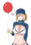  1girl ahoge artoria_pendragon_(all) aya_(user_ddya7452) balloon baseball_cap bikini blonde_hair blue_headwear blue_jacket breasts cleavage closed_eyes commentary cropped_jacket fate_(series) grin hair_between_eyes hair_through_headwear hat heart highres holding holding_balloon jacket large_breasts mysterious_heroine_xx_(foreigner) navel ponytail shrug_(clothing) simple_background smile solo speech_bubble spoken_heart swimsuit white_background white_bikini 