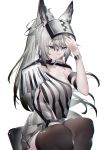  1girl absurdres animal_ears arknights arm_strap bangs black_legwear breasts chinese_commentary commentary_request grani_(arknights) grey_eyes hair_between_eyes hand_up highres long_hair medium_breasts qiongniaofeiyu silver_hair simple_background solo striped thighhighs vertical_stripes white_background 
