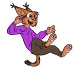  alpha_channel anthro bottomwear brown_body brown_fur cheek_tuft clothed clothing ear_tuft facial_tuft felid feline fully_clothed fur head_tuft hoodie inner_ear_fluff low_res lynx male mammal marc_(theblueberrycarrots) midair open_mouth open_smile pants pawpads pink_pawpads smile solo theblueberrycarrots topwear tuft 