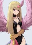  1girl atsuyah0310 bangs blonde_hair breasts cleavage commentary duel_monster feathered_wings feathers grey_background hair_ornament harpie_girl heart heart_hair_ornament long_hair purple_eyes single_leg_pantyhose smile solo wings yuu-gi-ou 