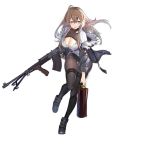  1girl artist_request balloon barrette black_legwear blue_eyes blue_jacket blush bodysuit breasts brown_hair car_(girls_frontline) cleavage eyebrows_visible_through_hair fur-trimmed_jacket fur_collar fur_trim girls_frontline gun hair_between_eyes hand_on_weapon holding holding_weapon jacket large_breasts leaning_forward long_hair looking_at_viewer machine_gun pantyhose shirt shoes sneakers solo thighs weapon white_background white_shirt 