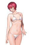  1girl artist_self-insert bikini breasts collarbone commentary english_commentary hair_between_eyes hanny_(uirusu_chan) head_tilt highres lips medium_breasts navel original red_hair short_hair side-tie_bikini silver_bikini silver_eyes solo swimsuit underboob white_background 