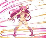  1girl ankle_boots bikini boots bow character_request closed_mouth copyright_request fighting_stance flat_chest floating_hair full_body hair_bow highres holding holding_wand legs_apart long_hair looking_at_viewer navel pink_footwear pink_hair precure purple_eyes smile socks solo standing swimsuit tasaka_shinnosuke very_long_hair wand white_bikini white_legwear wristband yellow_bow 