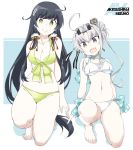  2girls :d adapted_costume ahoge akitsushima_(kantai_collection) bare_legs barefoot bikini black_hair breasts character_name cleavage collarbone eyebrows_visible_through_hair front-tie_bikini front-tie_top green_bikini green_eyes groin hair_tubes kantai_collection long_hair medium_breasts mizuho_(kantai_collection) multiple_girls navel open_mouth polka_dot purple_eyes purple_hair red_ribbon ribbon side_ponytail sidelocks smile souji swimsuit toes very_long_hair white_bikini 