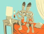  ambiguous_gender anthro barefoot bed bottomwear buckteeth clothed clothing dipstick_ears disney duo facial_markings female furniture head_markings hi_res holding_object jack_savage judy_hopps lagomorph lamp leporid mammal markings multicolored_ears on_bed open_mouth pillow rabbit shirt shorts sitting tank_top teeth theblueberrycarrots topwear video_games zootopia 