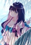  1girl bangs bare_shoulders bikini black_hair blue_bow blue_scrunchie blurry blurry_background bow breasts brown_eyes cleavage collarbone commentary_request dappled_sunlight depth_of_field grin groin hair_between_eyes hair_bow hand_up highres kantai_collection long_hair medium_breasts multicolored_hair naganami_(kantai_collection) navel pink_hair poppy_(poppykakaka) purple_bikini purple_eyes scrunchie smile solo sunlight swimsuit two-tone_hair very_long_hair w water wrist_scrunchie 