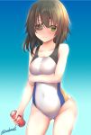  1girl blue_background breasts can cleavage commentary_request competition_swimsuit eyepatch gradient gradient_background green_eyes green_hair highres kamijou_sadame kantai_collection kiso_(kantai_collection) looking_at_viewer medium_breasts one-piece_swimsuit short_hair soda_can solo standing swimsuit twitter_username white_swimsuit 