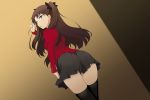  1girl :o absurdres ass black_legwear black_ribbon black_skirt blue_eyes brown_hair commentary commentary_request fate/stay_night fate_(series) from_behind hair_ribbon highres kyokucho looking_at_viewer red_shirt ribbon shirt skirt solo thighhighs tohsaka_rin twintails zettai_ryouiki 