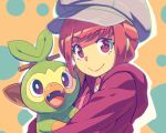  1girl :d closed_mouth eyebrows_visible_through_hair gen_8_pokemon grey_headwear grookey hat highres holding holding_pokemon hood hood_down hoodie long_sleeves looking_at_viewer open_mouth original outline pokemon pokemon_(creature) pokemon_(game) pokemon_swsh red_eyes red_hair red_hoodie smile solo tasaka_shinnosuke white_outline 