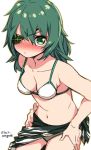  1girl bikini blush breasts collarbone commentary_request cowboy_shot eyepatch green_eyes green_hair kantai_collection kiso_(kantai_collection) laco_soregashi looking_at_viewer medium_breasts sarong short_hair simple_background solo swimsuit twitter_username white_background white_bikini 