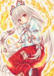  1girl bow fire fujiwara_no_mokou hair_bow long_hair long_sleeves looking_at_viewer ofuda pants red_eyes red_footwear red_pants satsuki_(gogotaru) shirt shoes sidelocks solo suspenders suspenders_pull touhou traditional_media very_long_hair white_bow white_hair white_shirt 