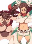  1girl bare_shoulders bow brown_eyes brown_hair closed_mouth creature crossed_arms elbow_gloves gloves green_scarf hair_bow hair_ornament hairclip long_hair looking_at_viewer navel open_pants original red_scarf scarf shorts simple_background smile smug solo tasaka_shinnosuke twintails white_background white_bow white_gloves white_shorts 