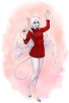 animal_humanoid anthro clothing commission_art female fur hi_res humanoid mammal mammal_humanoid mouse mouse_humanoid mouse_tail murid murid_humanoid murine murine_humanoid pose red_clothing red_sweater red_topwear rizonik rodent rodent_humanoid simple_background smile solo sweater topwear white_body white_fur wings 