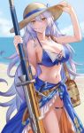  1girl bag bangs bare_shoulders belt bikini blue_bikini blush braid breasts brown_eyes cleavage collarbone granblue_fantasy gun hat highres large_breasts long_hair looking_at_viewer navel rifle sarong shoulder_bag silva_(granblue_fantasy) silver_hair smile sun_hat swimsuit thighs tsuchifumazu twin_braids weapon 