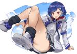  arm_support blue_hair character_request fang hood hoodie legs_up looking_at_viewer nuezou panties red_eyes shoes sitting smile sneakers thick_thighs thighs underwear white_background white_panties 