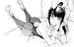  1girl animal_ears ass bed breasts bunny_ears bunny_girl bunny_tail cleavage cuff_links fake_animal_ears fake_tail greyscale high_heels highres monochrome narberal_gamma overlord_(maruyama) pantyhose pillow ponytail tail tarakan 