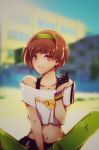  1girl absurdres bare_shoulders blush brown_eyes brown_hair highres navel persona persona_4 satonaka_chie short_hair skirt smile solo 