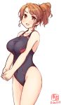  1girl aquila_(kantai_collection) artist_logo black_swimsuit brown_eyes brown_hair commentary_request competition_swimsuit cowboy_shot dated hair_ornament hairclip hands_clasped high_ponytail highleg highleg_swimsuit highres kanon_(kurogane_knights) kantai_collection long_hair looking_at_viewer one-piece_swimsuit own_hands_together simple_background smile solo swimsuit wavy_hair white_background 