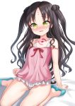 1girl ass_visible_through_thighs bangs bare_arms bare_shoulders black_hair blush collarbone crying embarrassed facial_mark fate/grand_order fate_(series) flat_chest forehead_mark green_eyes hair_ornament hand_on_ground highres long_hair looking_at_viewer nightgown nose_blush open_mouth panties parted_bangs pink_nightgown pink_panties red_ribbon ribbon sesshouin_kiara sesshouin_kiara_(swimsuit_mooncancer)_(fate) shimokirin sitting slippers solo tears two_side_up underwear wariza younger 