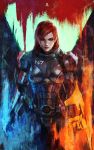  1girl absurdres arm_blade commander_shepard_(female) commentary energy_sword english_commentary eyeshadow freckles green_eyes highres lips makeup mass_effect mass_effect_3 medium_hair monori_rogue n7_armor nose omnitool panties red_hair solo sword underwear weapon 