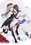  2girls absurdres arm_cuffs bare_shoulders black_hair blue_eyes blue_hair blurry blurry_foreground bronya_zaychik chain commentary_request depth_of_field dress fishnet_gloves fishnet_legwear fishnets full_body gloves grey_eyes grey_hair highres holding_hands honkai_(series) honkai_impact_3rd keyhole kuo_(kuo114514) long_hair multicolored multicolored_clothes multicolored_dress multicolored_hair multiple_girls petals seele_vollerei seele_vollerei_(stygian_nymph) smile streaked_hair thighhighs two-tone_hair white_gloves white_legwear 