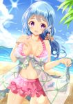  1girl :d bang_dream! bangs bare_shoulders beach bikini blue_hair blue_sky blush breasts cloud collarbone commentary_request day eyebrows_visible_through_hair floral_print frilled_bikini frills hair_ornament hand_up highres horizon large_breasts long_hair looking_at_viewer matsubara_kanon navel ocean open_mouth outdoors pink_bikini print_bikini purple_eyes sand seashell_bracelet sky smile solo standing sun swimsuit water zenon_(for_achieve) 