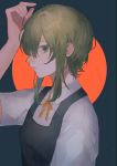  1girl absurdres bangs blue_background blush bow closed_mouth from_side green_eyes green_hair gumi hair_between_eyes highres looking_at_viewer megameronpan orange_background overalls profile shirt short_hair simple_background solo standing two-tone_background vocaloid white_shirt 