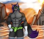  anthro bulge canid canine clothed clothing detailed_background domestic_cat fangs felid feline felis fluffy fluffy_tail fox fur green_eyes hair hybrid male mammal multicolored_body multicolored_fur muscular muscular_anthro muscular_male open_mouth open_smile partially_clothed purple_hair smile solo two_tone_body two_tone_fur underwear water white_body white_fur zi0808 