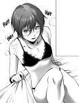  1girl bare_shoulders bed_sheet blush bra breasts collarbone commentary english_commentary english_text greyscale hair_between_eyes han_soo-min_(hanny) hanny_(uirusu_chan) heavy_breathing highres lace lace-trimmed_bra leg_up looking_at_viewer monochrome nose_blush open_mouth original panties scar sheet_grab short_hair small_breasts solo underwear 
