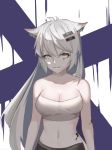  1girl animal_ears arknights bandeau bangs bare_arms bare_shoulders breasts cleavage commentary grey_eyes hair_between_eyes hair_ornament hairclip highres huimise lappland_(arknights) long_hair looking_at_viewer medium_breasts midriff navel oripathy_lesion_(arknights) parted_lips scar scar_across_eye silver_hair smile solo stomach strapless tubetop upper_body very_long_hair wolf_ears 