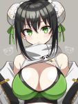  1girl bangs bare_shoulders bikini blush breasts bun_cover cleavage closed_mouth double_bun fate/grand_order fate_(series) frozen_yakan green_bikini green_eyes green_ribbon grey_background hair_ribbon highres jacket large_breasts looking_at_viewer off_shoulder open_clothes open_jacket qin_liangyu_(fate) ribbon scarf sidelocks swimsuit white_jacket white_scarf 