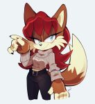  anthro blue_eyes canid canine clothing fan_character female fox fur hair hi_res mammal milkchaotea orange_body orange_fur pose red_hair roll_neck_sweater simple_background smile solo sonic_the_hedgehog_(series) standing sweater topwear 