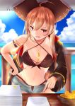  1girl ahoge arm_strap azur_lane between_breasts bikini black_bikini black_jacket blue_shorts blue_sky breasts brown_hair cloud coin collarbone commentary_request cutoff_jeans cutoffs day denim denim_shorts hair_between_eyes hand_on_hip hat jacket jean_bart_(azur_lane) jean_bart_(secret_afternoon)_(azur_lane) large_breasts long_hair micro_shorts ocean open_mouth outdoors paper pirate_hat purple_eyes shorts single_bare_shoulder sky solo swimsuit table tottoripiyo very_long_hair 