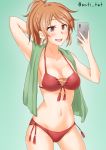  1girl anti_(untea9) aquila_(kantai_collection) bikini breasts cellphone cleavage commentary_request contrapposto cowboy_shot gradient gradient_background green_background green_towel hair_ornament hairclip high_ponytail highres kantai_collection long_hair looking_at_phone medium_breasts orange_eyes orange_hair phone red_bikini side-tie_bikini solo standing swimsuit towel towel_around_neck twitter_username wavy_hair 