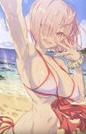  1girl arm_up armpits bangs bare_shoulders beach bikini blue_sky blush breasts cleavage commentary eyebrows_visible_through_hair eyes_visible_through_hair fate/grand_order fate_(series) fingernails hair_over_one_eye highres hong large_breasts lavender_hair looking_at_viewer mash_kyrielight navel open_mouth purple_eyes scrunchie shore short_hair sky smile stomach swimsuit wet white_bikini 