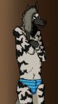  anthro bulge clothed clothing crossdressing gloves_(marking) hyaenid male mammal markings muzzle_(marking) open_mouth panties pattern_clothing pattern_underwear solo strana_(artist) striped_body striped_clothing striped_hyena striped_panties striped_underwear stripes underwear 