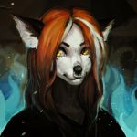  1:1 anthro canid canine canis facial_piercing female fire headshot headshot_portrait hi_res illustration mammal mythology nose_piercing piercing portrait rizonik septum_piercing solo wolf yellow_eyes 