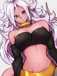  1girl android_21 bare_shoulders breasts choker cleavage closed_mouth dragon_ball dragon_ball_fighterz earrings grey_background hair_between_eyes hoop_earrings jewelry kemachiku long_hair looking_at_viewer majin_android_21 medium_breasts midriff navel pink_hair pink_skin red_eyes simple_background solo tail yellow_choker 