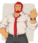  1boy alternate_costume bara beard belt chest denim facial_hair fate/grand_order fate/zero fate_(series) formal hand_on_hip iskandar_(fate) jeans male_focus manly muscle necktie pants red_eyes red_hair smile solo toned toned_male yanutorie 