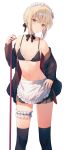  1girl absurdres apron artoria_pendragon_(all) artoria_pendragon_(swimsuit_rider_alter) bikini black_bikini black_jacket black_legwear black_neckwear black_ribbon black_skirt blonde_hair breasts broom cleavage closed_mouth commentary expressionless fate/grand_order fate_(series) feet_out_of_frame frilled_bikini frills hair_ribbon highres jacket kuro_futoshi leg_garter long_sleeves maid_bikini maid_headdress miniskirt navel neck_ribbon off_shoulder ribbon short_hair sidelocks simple_background skirt small_breasts solo standing stomach swimsuit symbol_commentary thighhighs waist_apron white_apron white_background yellow_eyes 